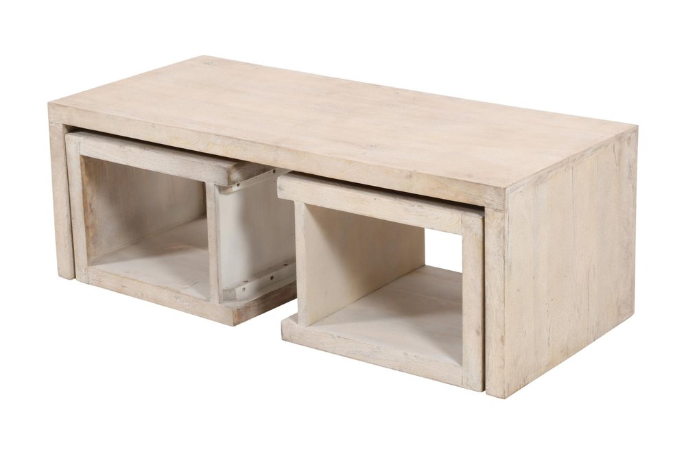 Three Piece Natural Solid Wood Distressed Sled Coffee And End Tables Set