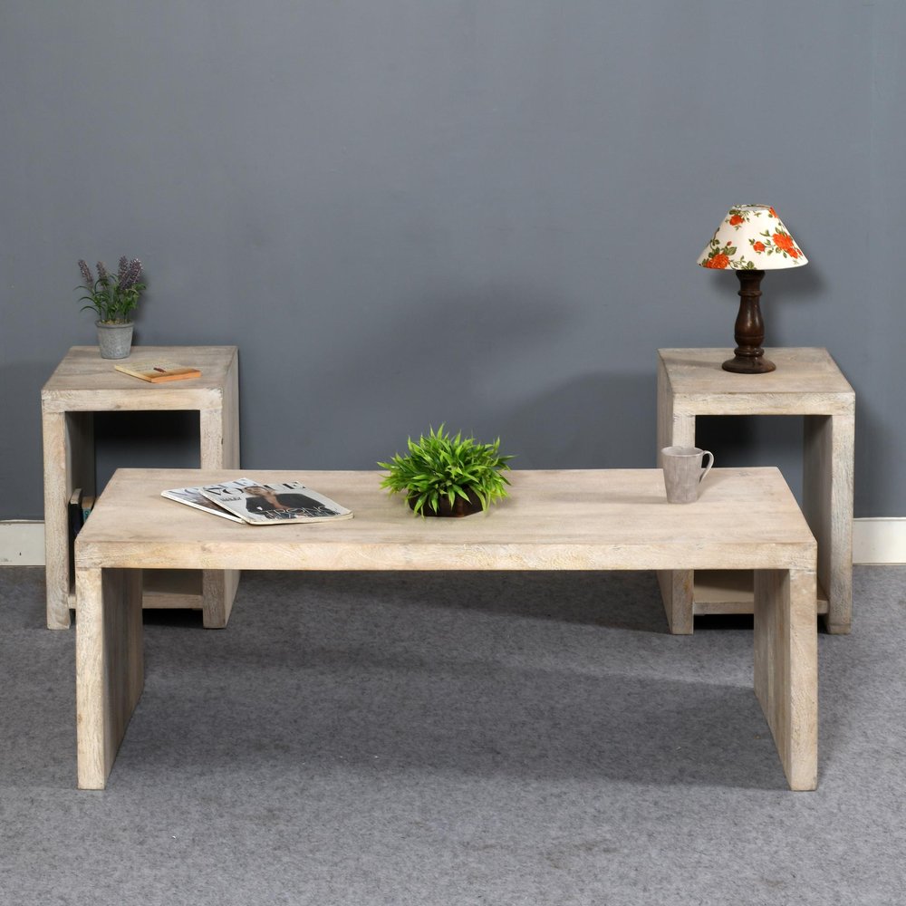 Three Piece Natural Solid Wood Distressed Sled Coffee And End Tables Set