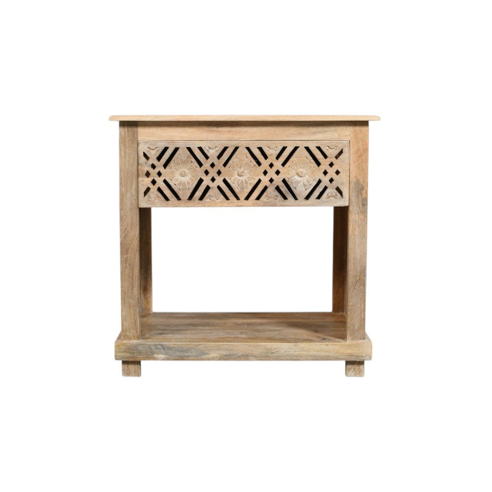 28" Natural Solid Wood Carved Geometric One Drawer Nightstand