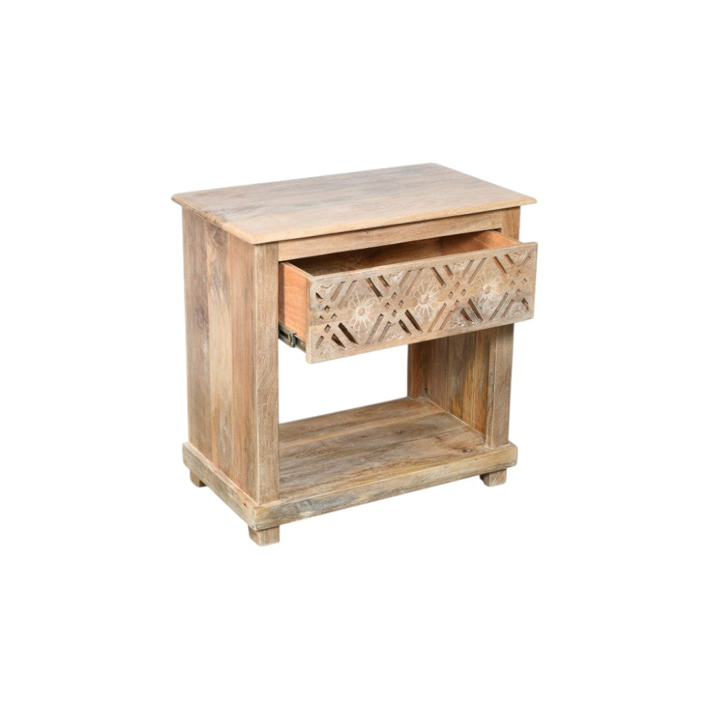 28" Natural Solid Wood Carved Geometric One Drawer Nightstand