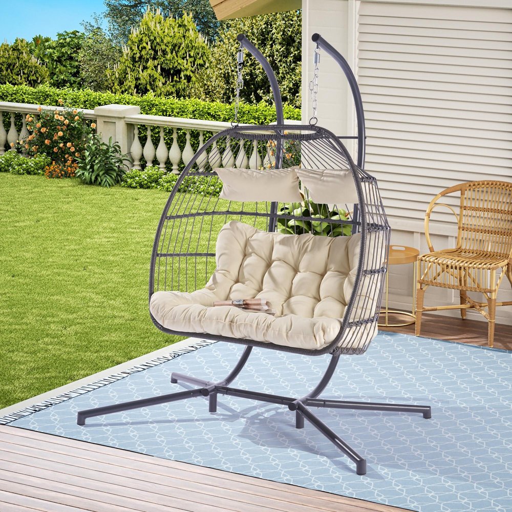 38" Beige Gray And Black Faux Rattan Steel Outdoor Folding Egg Chair