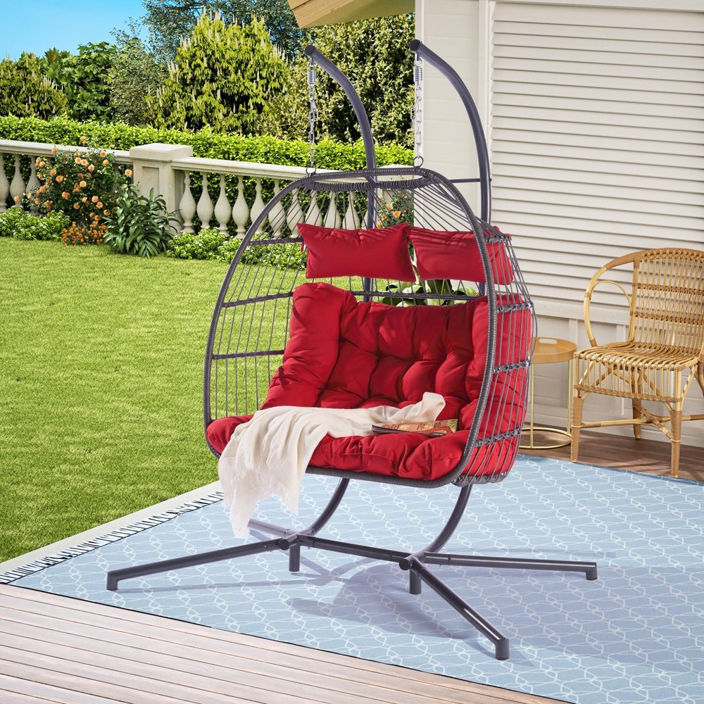38" Red Gray And Black Faux Rattan Steel Outdoor Folding Egg Chair