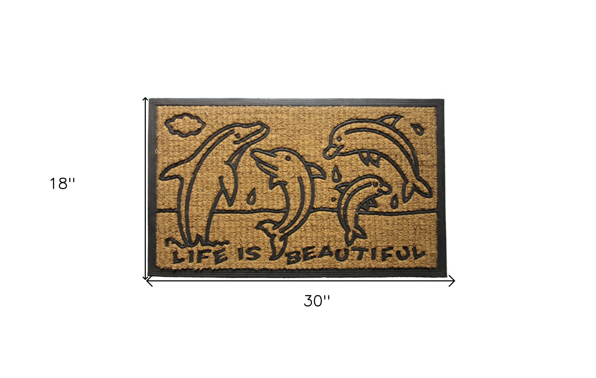 18" X 30" Brown and Black Rubber And Coir Dolphin Life is Beautiful Outdoor Door Mat