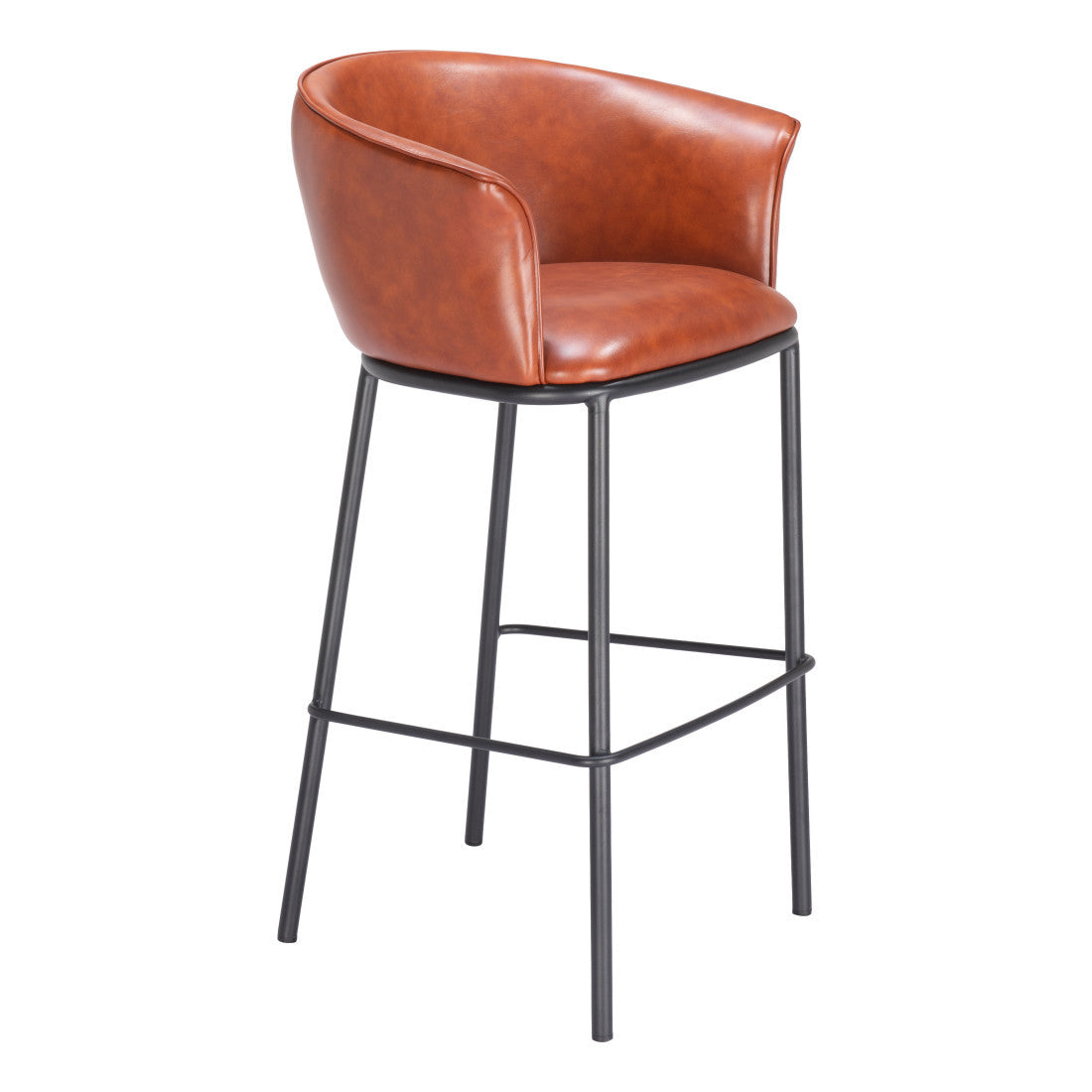 30" Brown And Black Faux Leather And Fabric And Steel Bar Height Bar Chair
