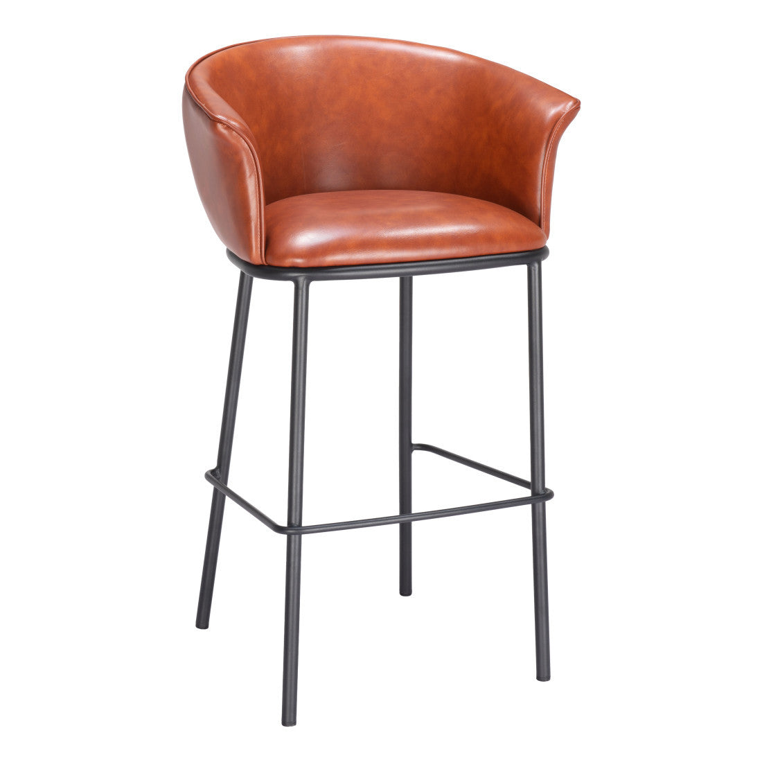 30" Brown And Black Faux Leather And Fabric And Steel Bar Height Bar Chair