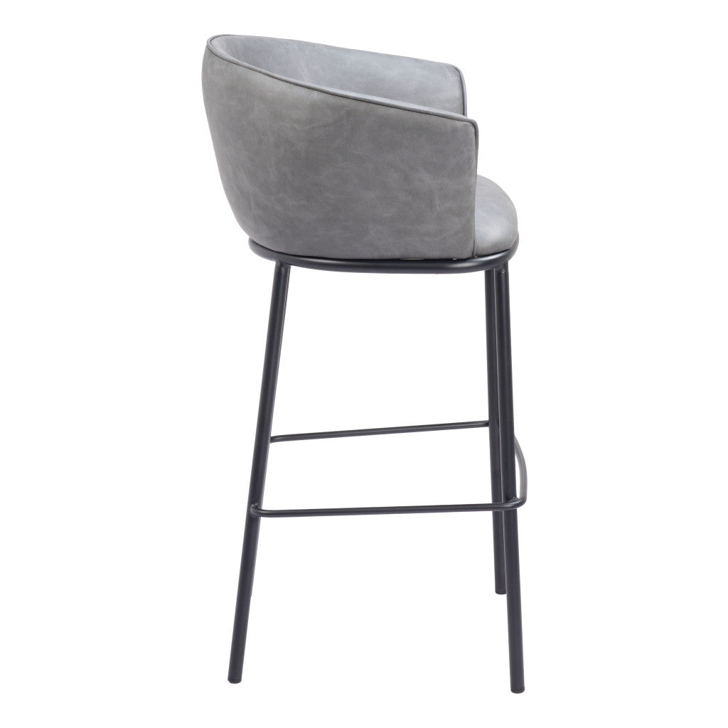 30" Gray And Black Faux Leather And Fabric And Steel Bar Height Bar Chair
