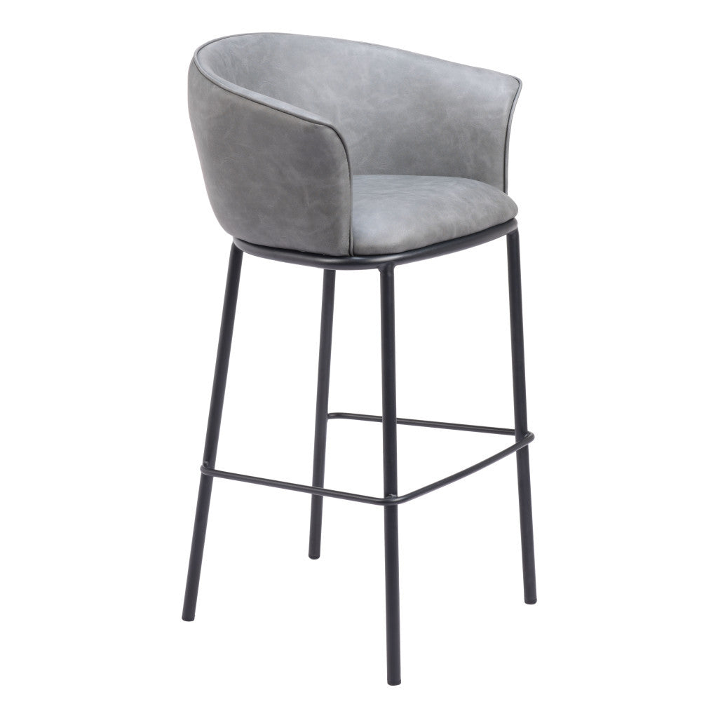 30" Gray And Black Faux Leather And Fabric And Steel Bar Height Bar Chair