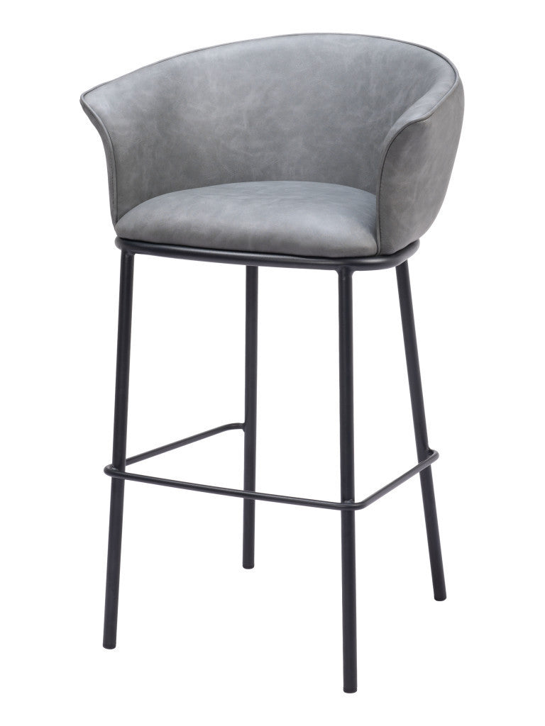 30" Gray And Black Faux Leather And Fabric And Steel Bar Height Bar Chair