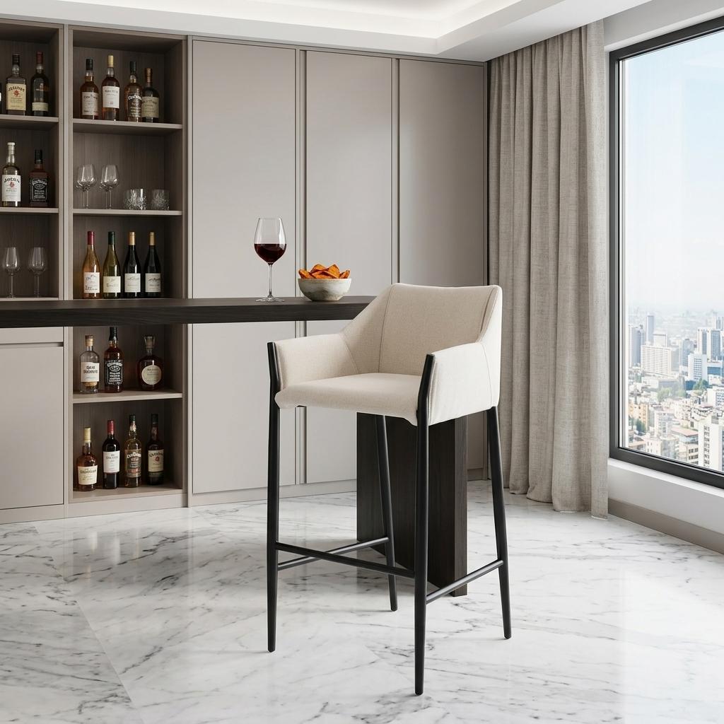 30" Beige And Black Fabric And Steel Bar Height Bar Chair