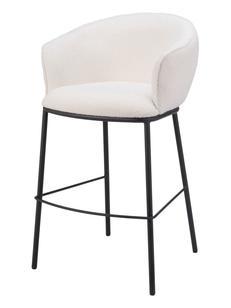 30" Ivory And Black Shearling And Fabric And Steel Bar Height Bar Chair
