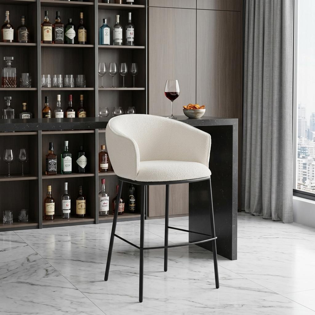 30" Ivory And Black Shearling And Fabric And Steel Bar Height Bar Chair