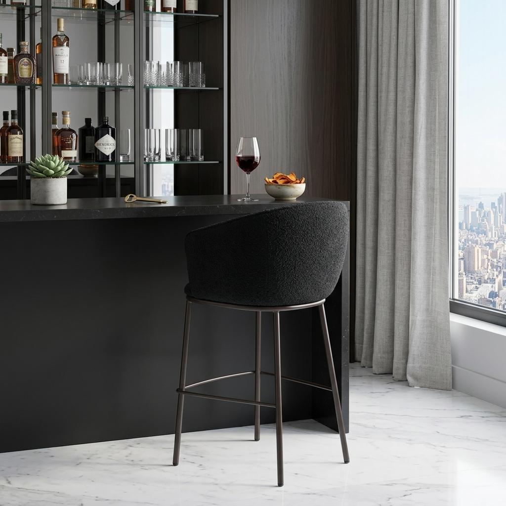 30" Black And Bronze Shearling And Fabric And Steel Bar Height Bar Chair