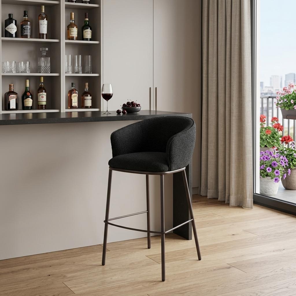 30" Black And Bronze Shearling And Fabric And Steel Bar Height Bar Chair