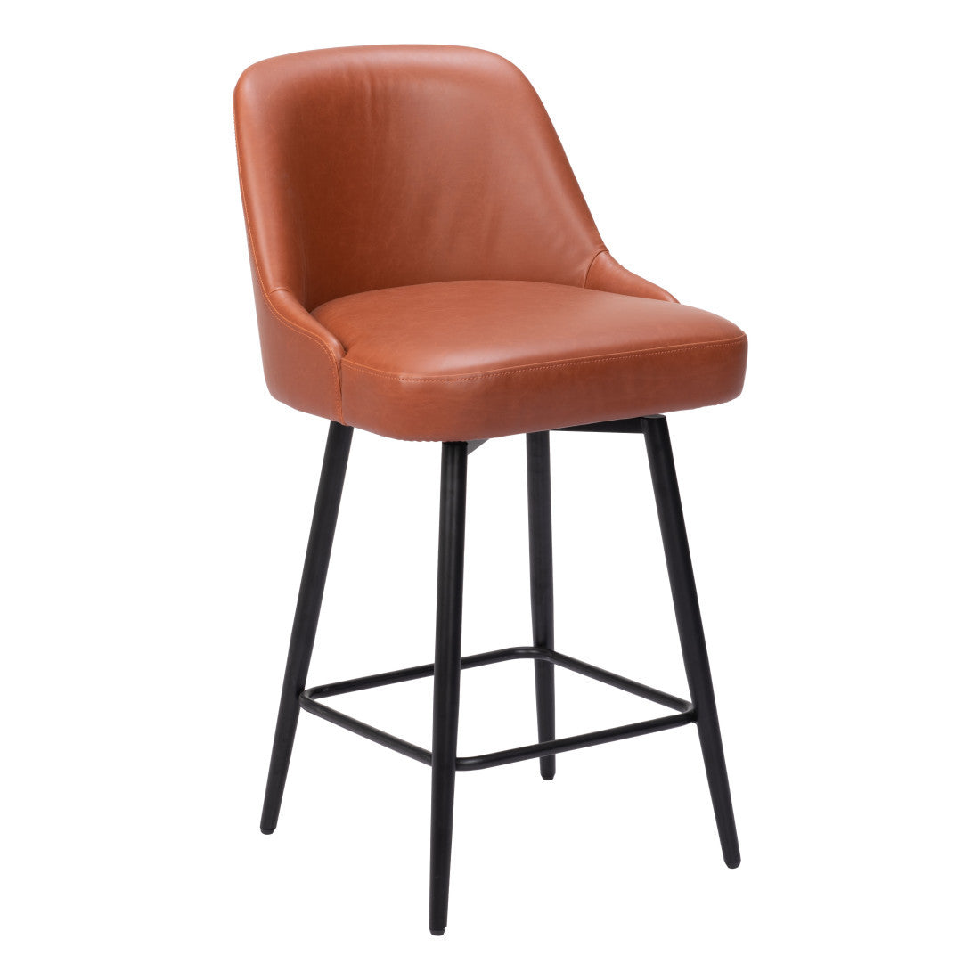26" Brown And Black Faux Leather And Fabric And Steel Counter Height Swivel Bar Chair