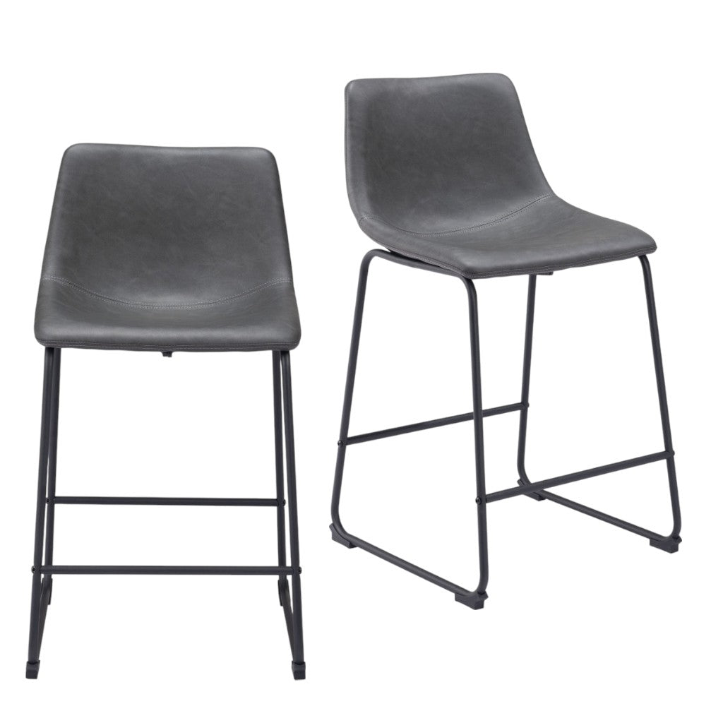 Set of Two 24" Charcoal And Black Faux Leather And Steel Counter Height Bar Chairs