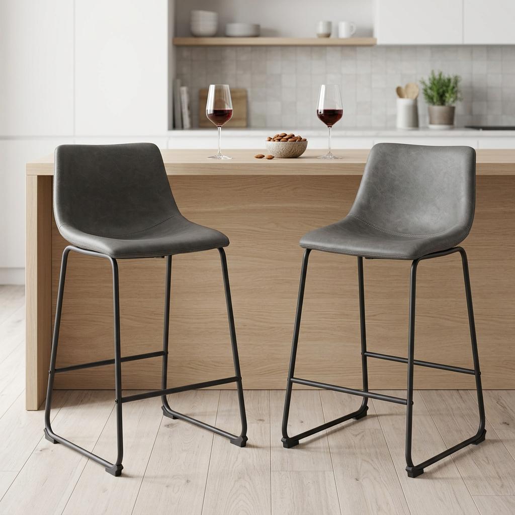 Set of Two 24" Charcoal And Black Faux Leather And Steel Counter Height Bar Chairs