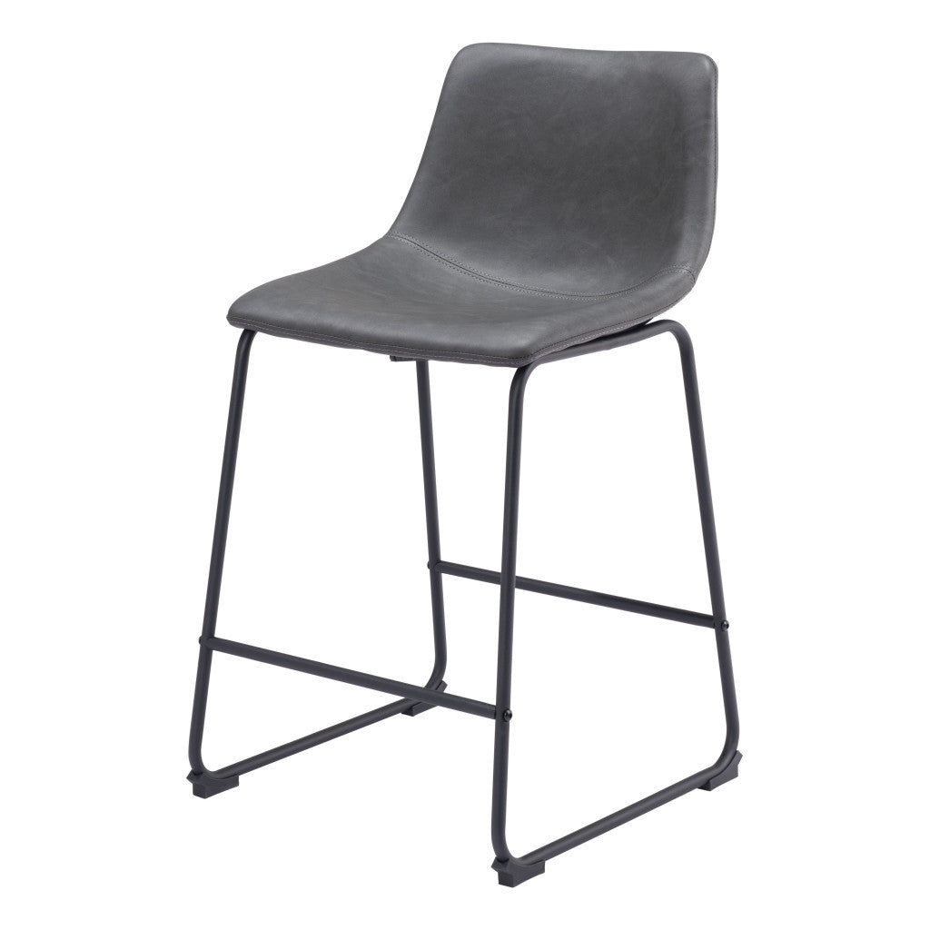 Set of Two 24" Charcoal And Black Faux Leather And Steel Counter Height Bar Chairs