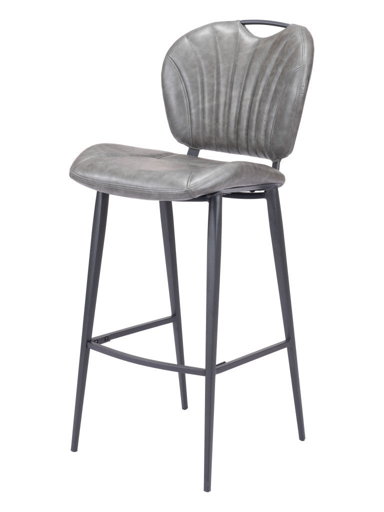 30" Gray And Black Faux Leather And Fabric And Steel Low Back Bar Height Bar Chair