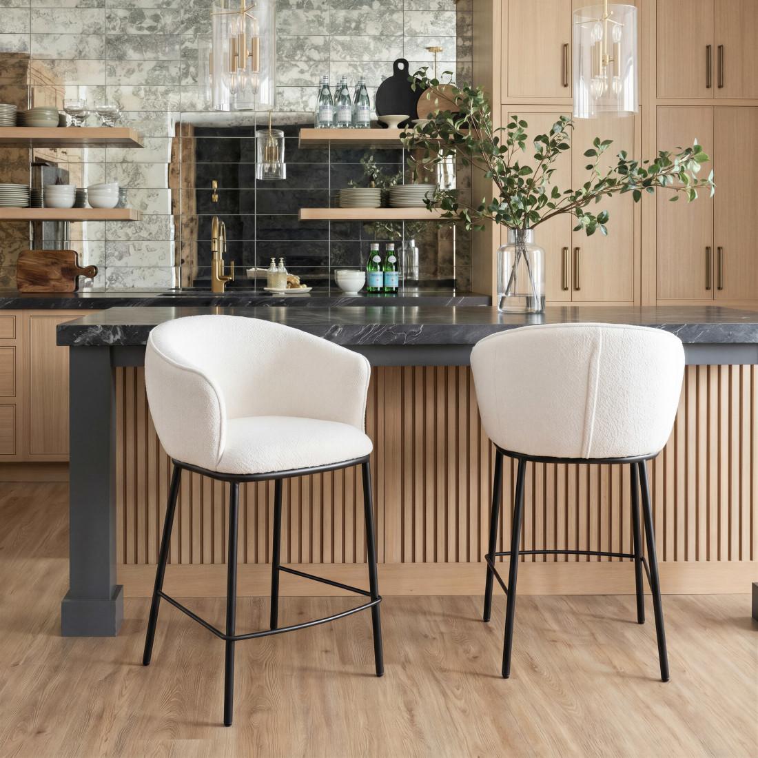 26" Ivory And Black Shearling And Fabric And Steel Counter Height Bar Chair