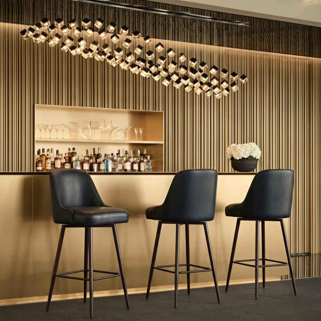 30" Black And Bronze Faux Leather And Fabric And Steel Bar Height Swivel Bar Chair