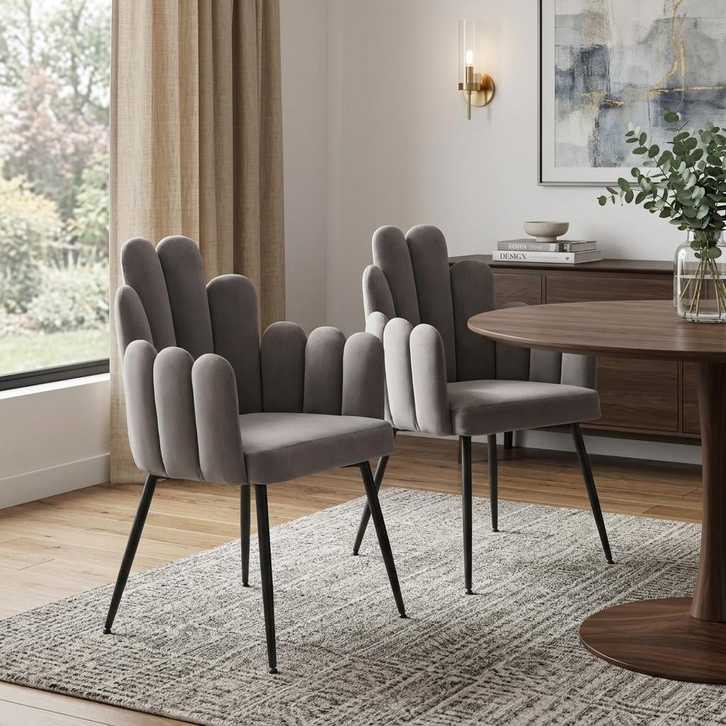Set of Two Gray And Black Tufted Velvet And Steel Dining Arm Chairs