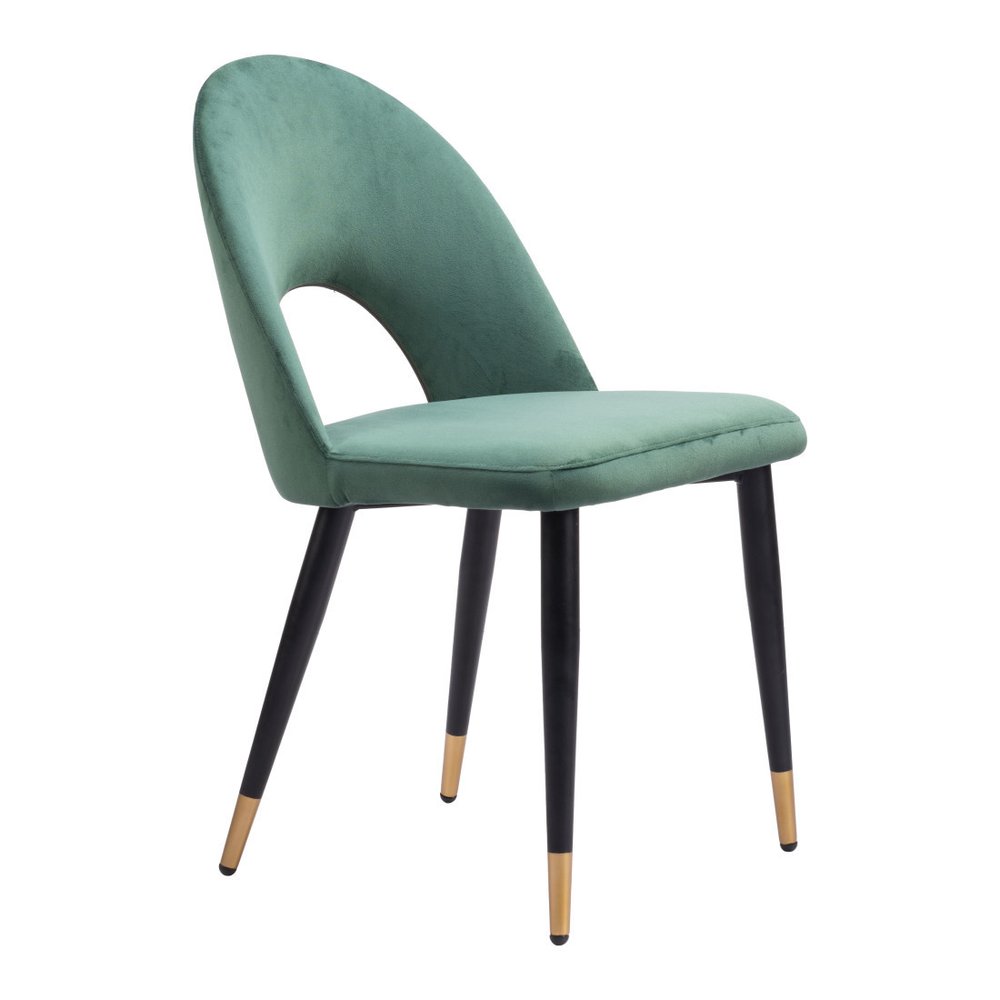 Set of Two Green Black and Gold Upholstered Velvet Open Back Dining Side Chairs
