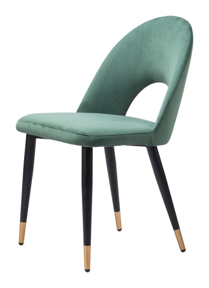 Set of Two Green Black and Gold Upholstered Velvet Open Back Dining Side Chairs