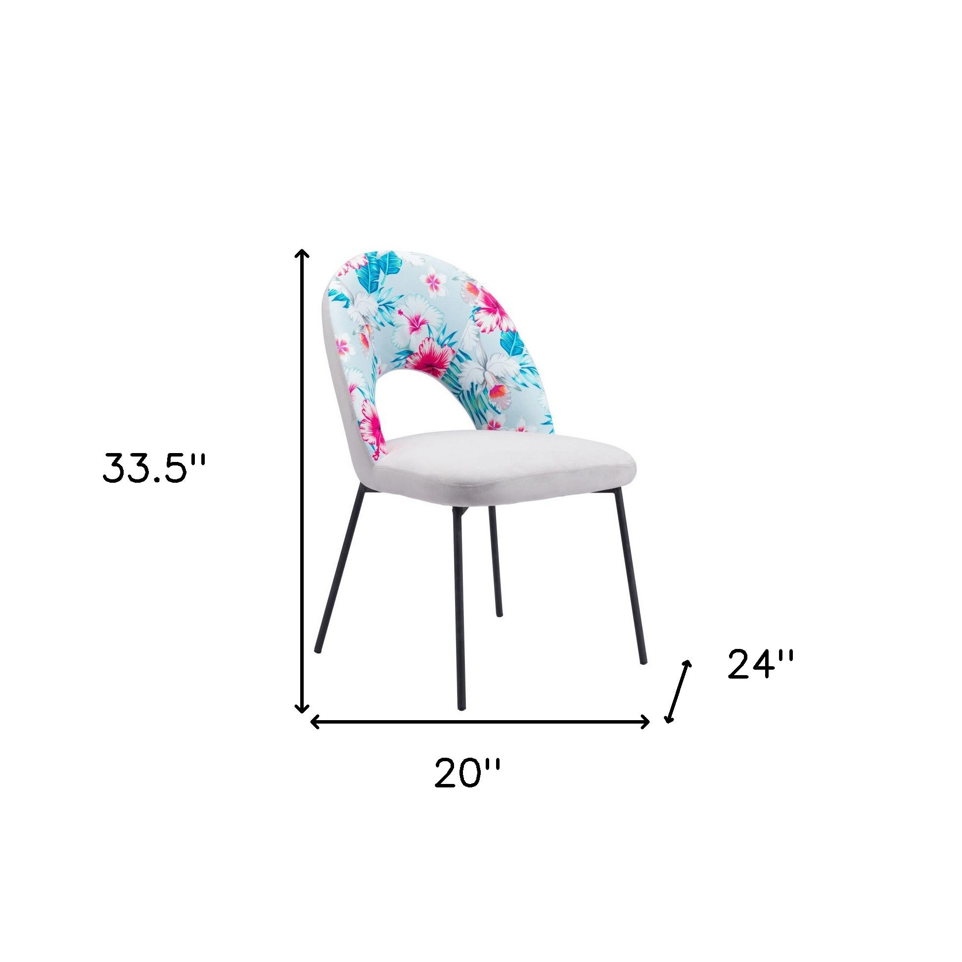 Set of Two Gray and Black Velvet And Steel Velvet And Steel Tropical Floral Dining Side Chairs