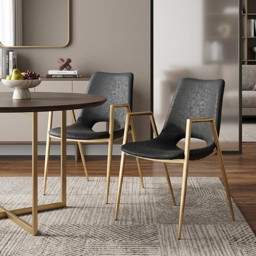Set of Two Black And Gold Faux Leather And Steel Dining Arm Chairs