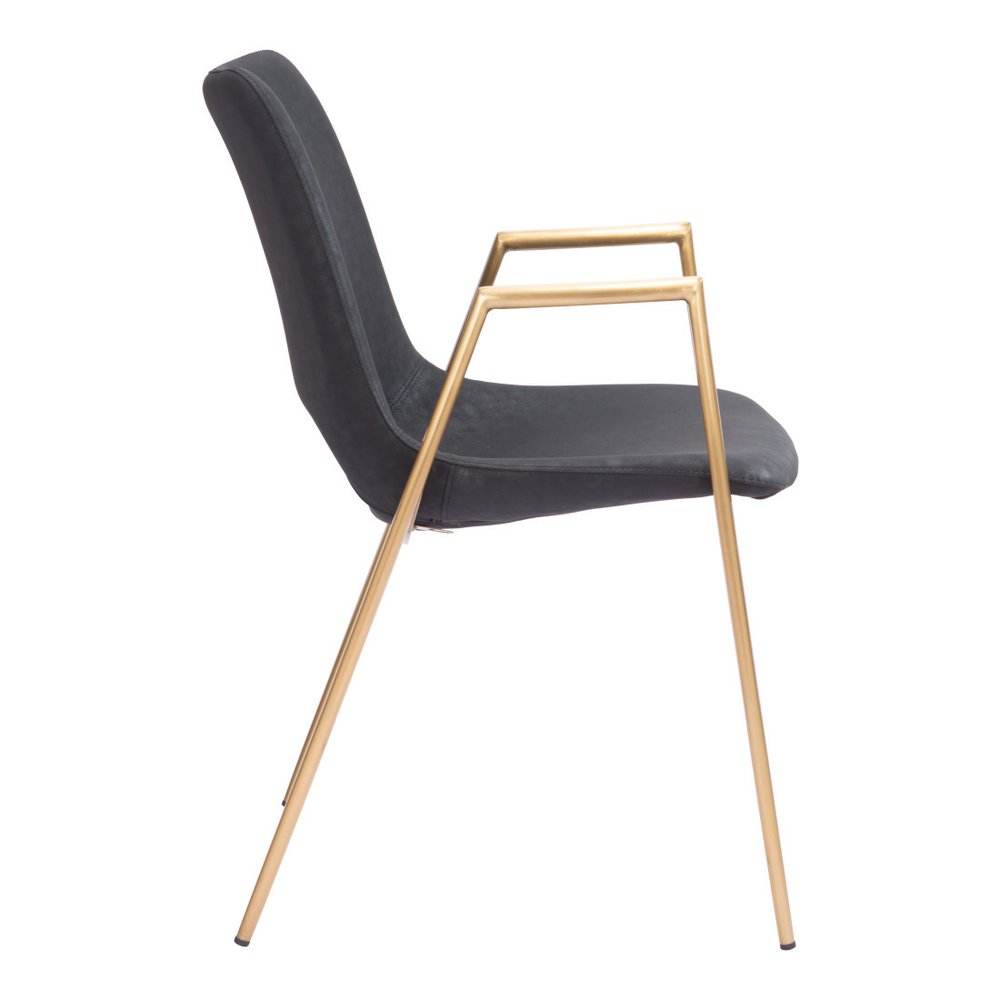 Set of Two Black and Gold Faux Leather Open Back Dining Arm Chairs