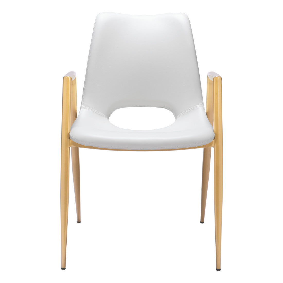 Set of Two Gold And White Faux Leather And Steel Dining Arm Chairs