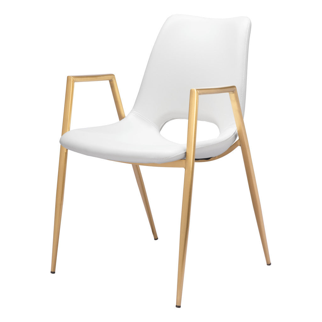Set of Two Gold And White Faux Leather And Steel Dining Arm Chairs