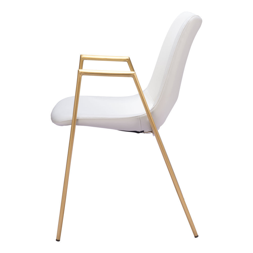 Set of Two Gold And White Faux Leather And Steel Dining Arm Chairs