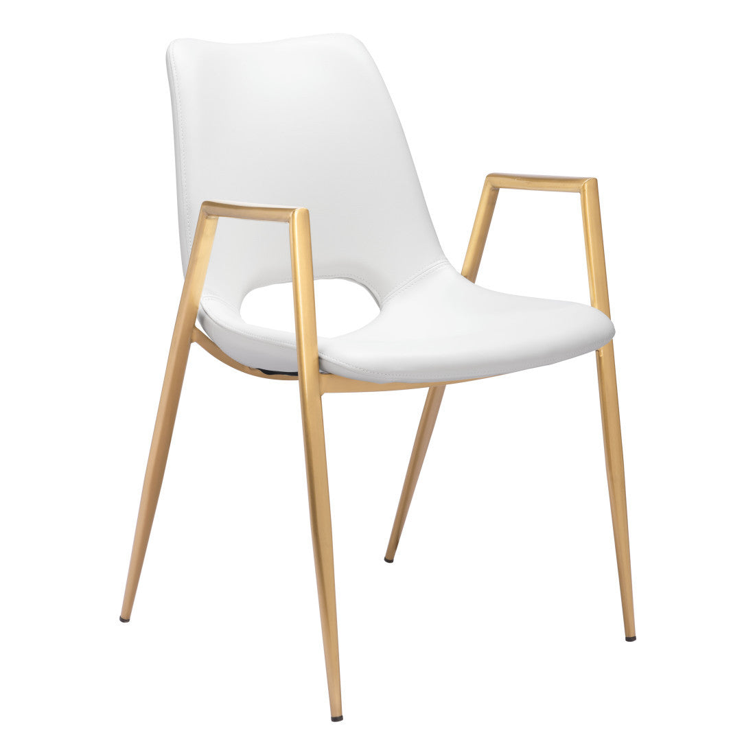 Set of Two Gold And White Faux Leather And Steel Dining Arm Chairs