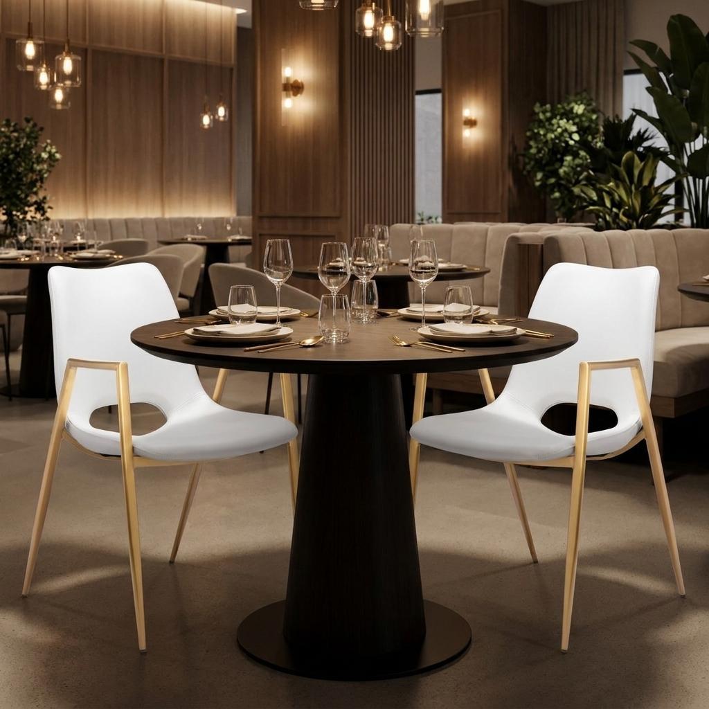 Set of Two Gold And White Faux Leather And Steel Dining Arm Chairs
