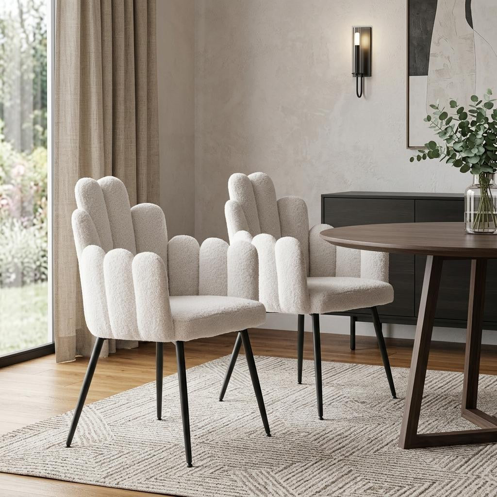 Set of Two Ivory And Black Tufted Boucle And Steel Dining Arm Chairs