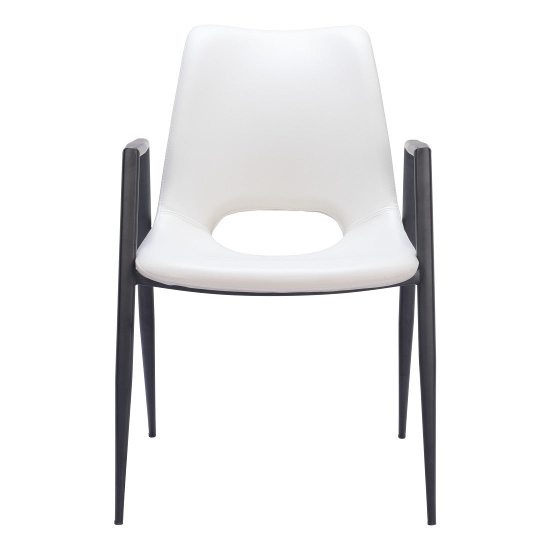 Set of Two White And Black Faux Leather And Steel Dining Arm Chairs