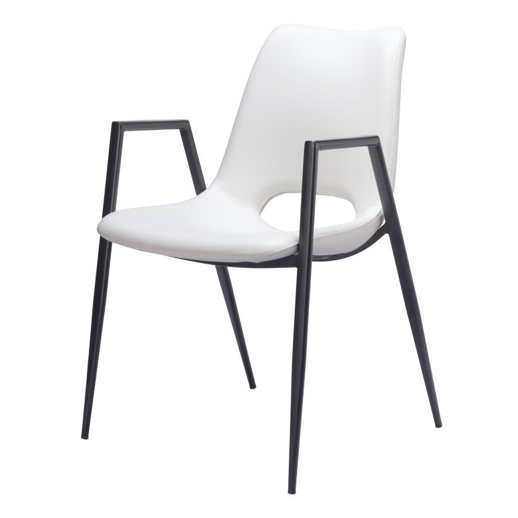 Set of Two White And Black Faux Leather And Steel Dining Arm Chairs