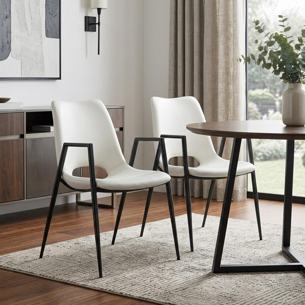 Set of Two White And Black Faux Leather And Steel Dining Arm Chairs