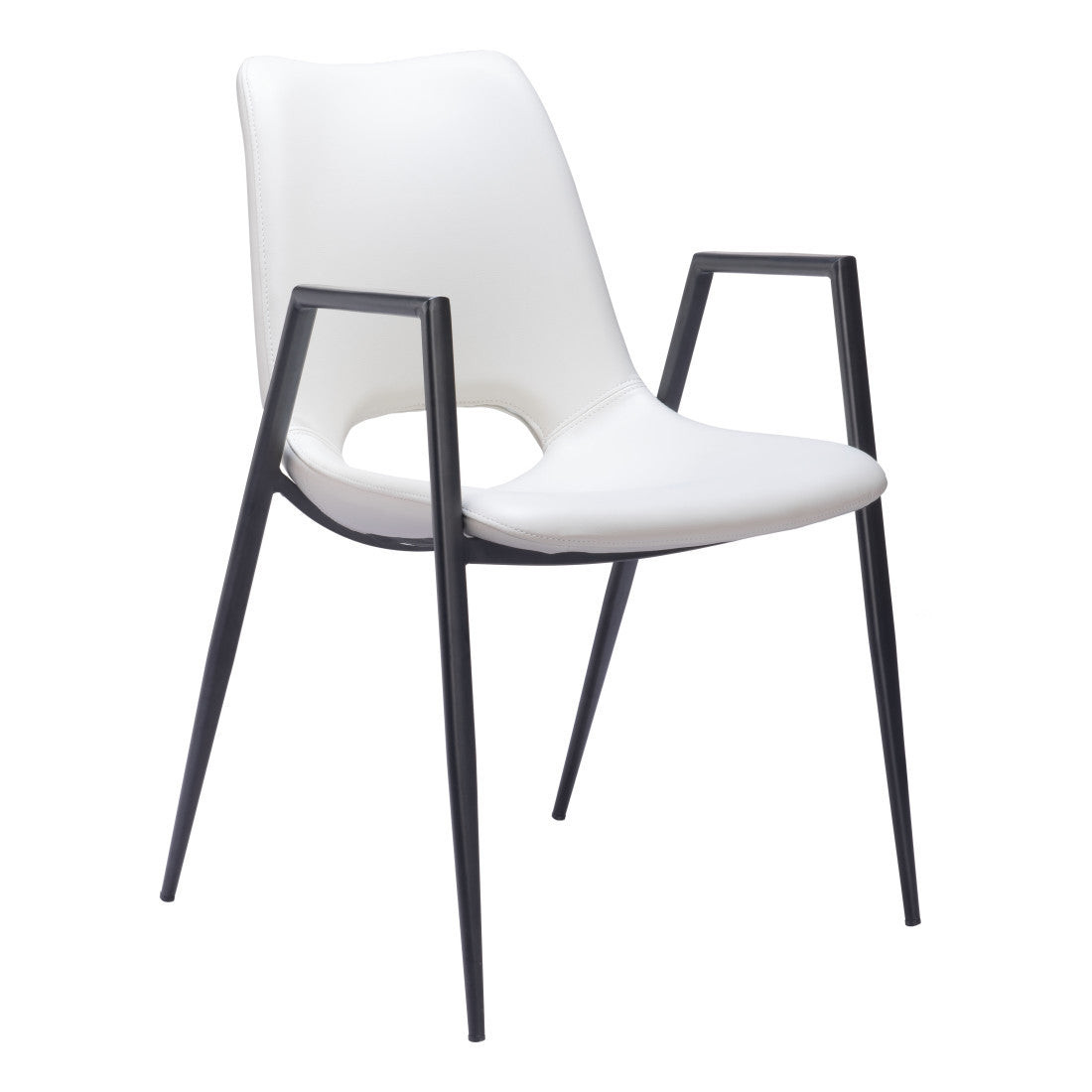 Set of Two White And Black Faux Leather And Steel Dining Arm Chairs