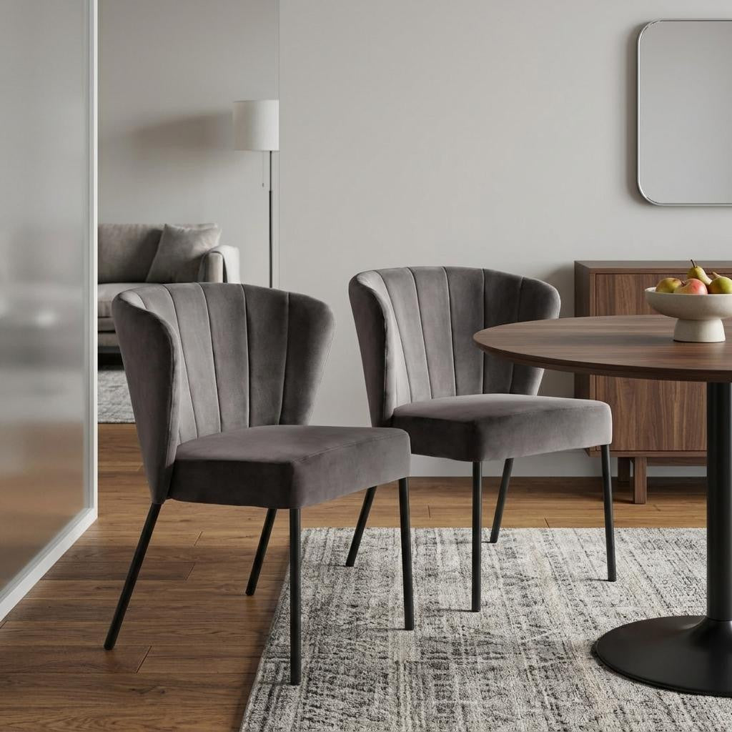 Set of Two Gray And Black Tufted Velvet And Steel Dining Side Chairs