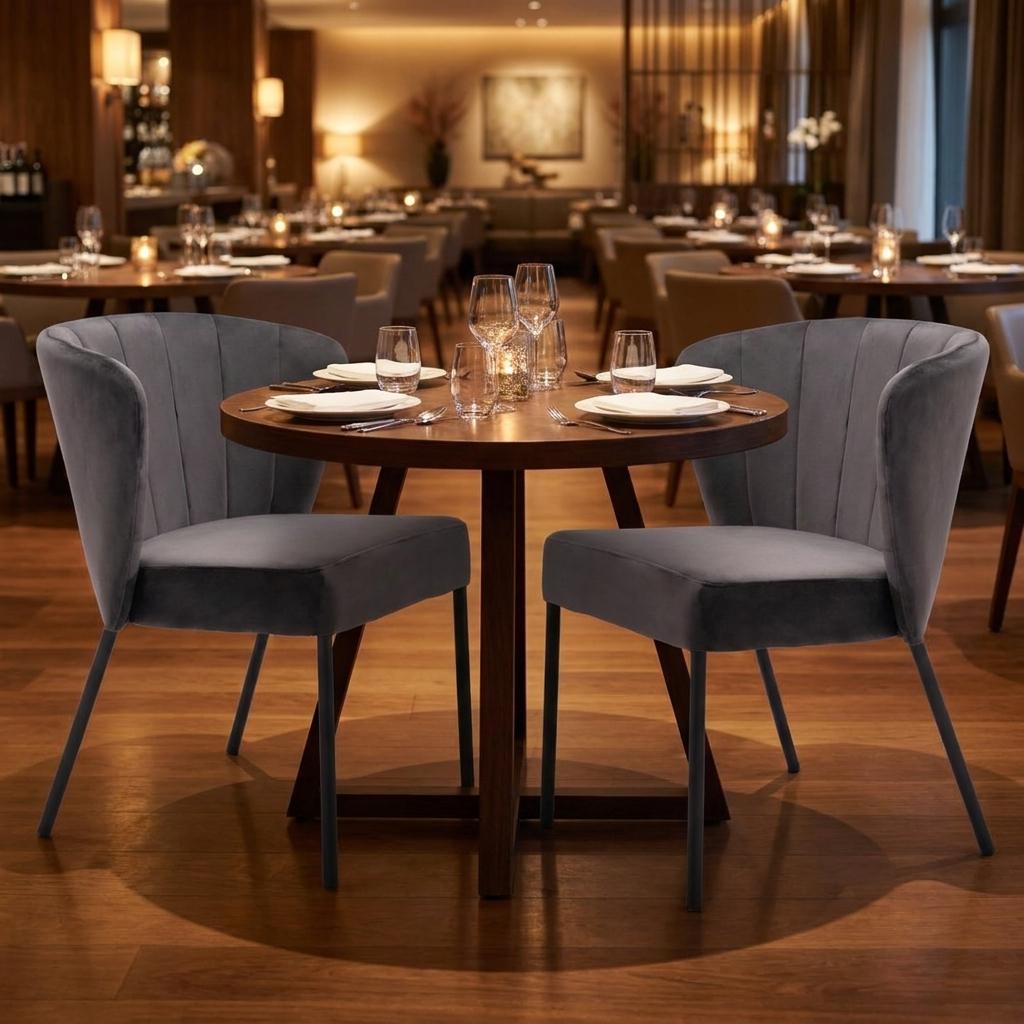 Set of Two Gray And Black Tufted Velvet And Steel Dining Side Chairs