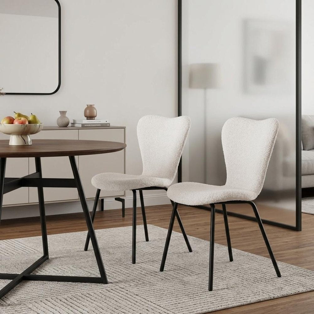 Set of Two Ivory and Black Faux Fur Dining Side Chairs