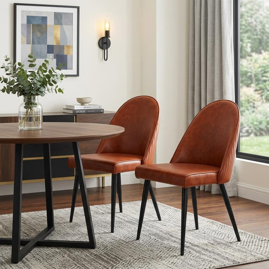 Set of Two Brown And Black Faux Leather And Steel Dining Side Chairs
