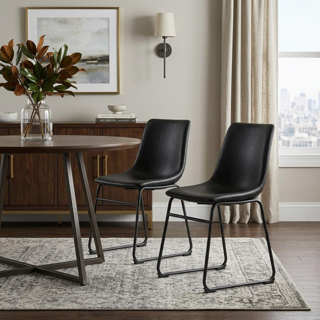 Set of Two Black Faux Leather And Steel Dining Side Chairs