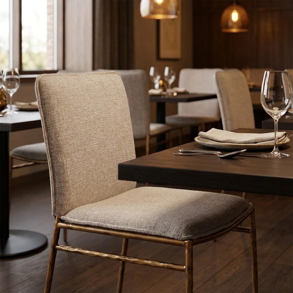 Beige And Gold Upholstery And Steel Dining Side Chair
