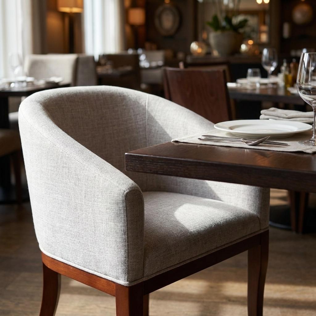 Gray And Brown Upholstery And Wood Dining Arm Chair