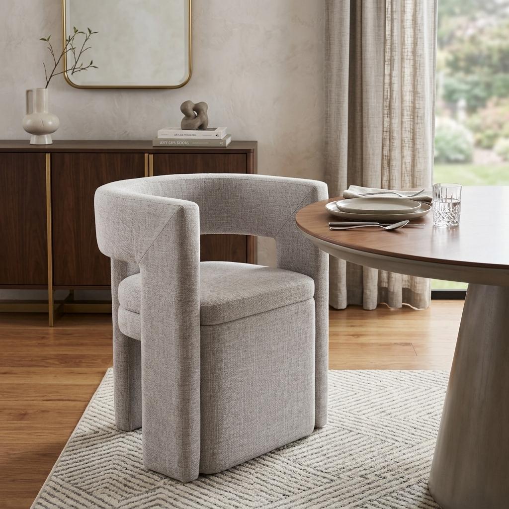 Gray Upholstery And Wood Open Back Dining Arm Chair