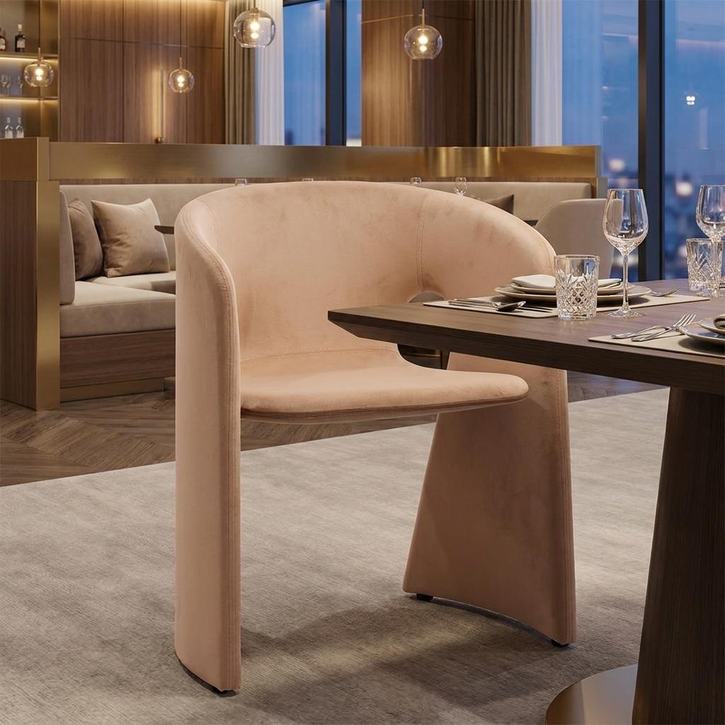 Tan And Beige Fabric And Steel Partially Open Back Dining Arm Chair