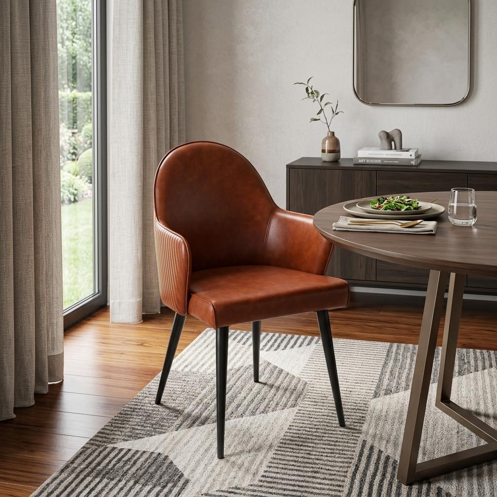 Brown And Black Faux Leather And Steel Dining Arm Chair